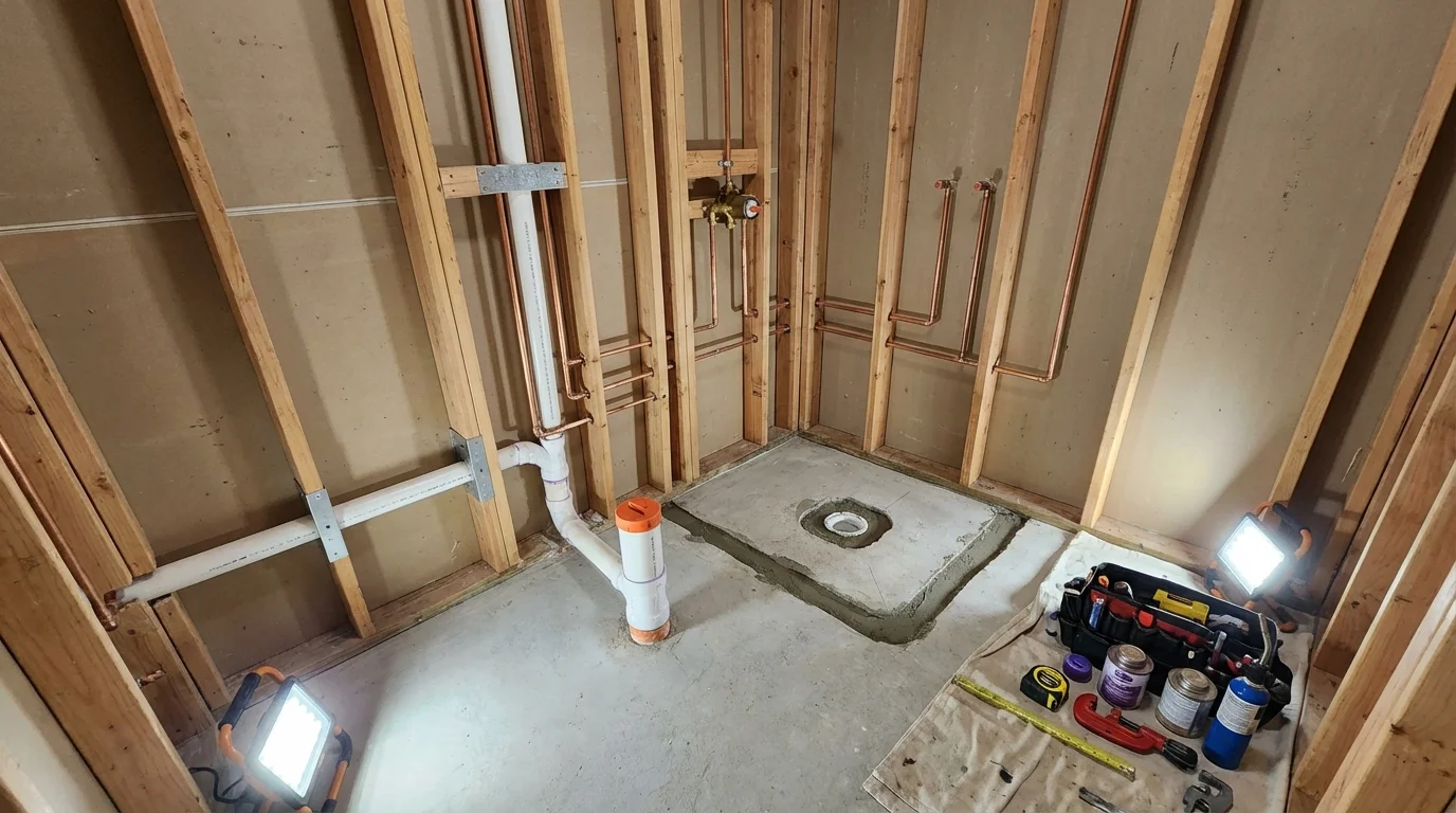 Bathroom rough-in plumbing during remodel by Johns Plumbing LLC in Goodwell