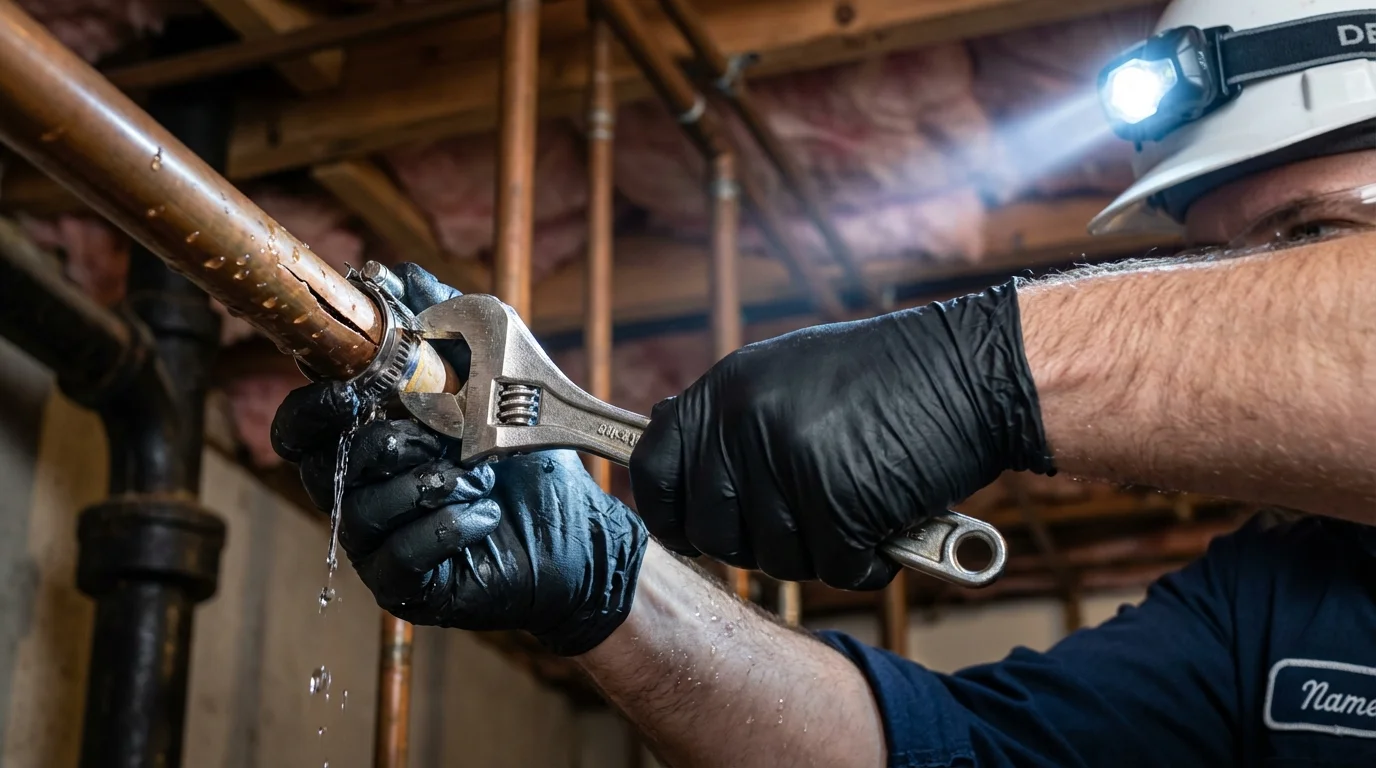 Emergency pipe clamp repair being performed by a Johns Plumbing LLC plumber in Goodwell