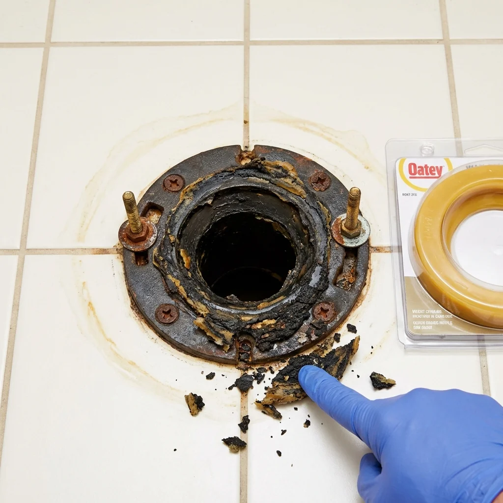 Failed wax ring showing water seepage at the base of a toilet in a Goodwell, OK home