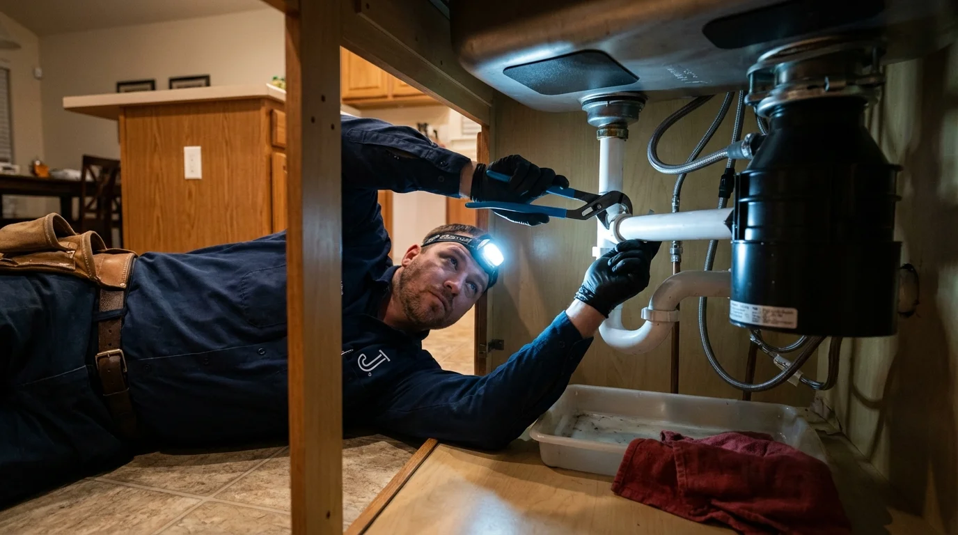 P-trap and supply line connections under a kitchen sink showing a common leak point in Goodwell, OK